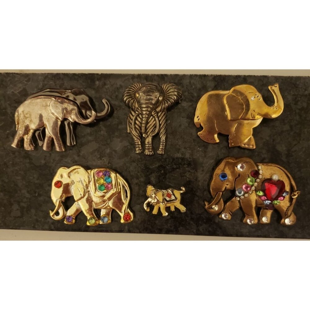 Vintage Lot  Of 6 Elephant- Brooches With Rhinestones & Detailed Designs